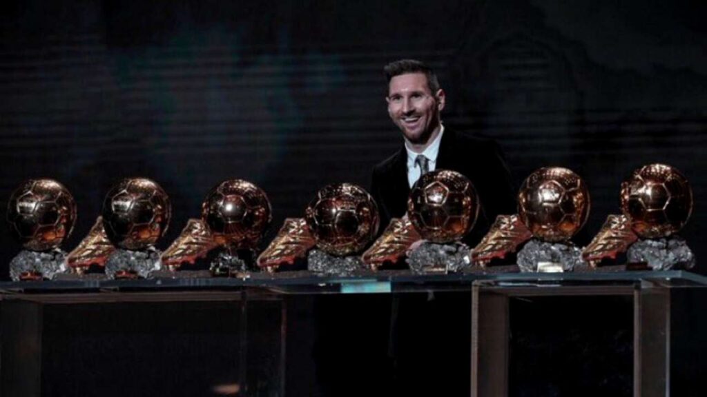 Lionel Messi with his 7 ballon d'Or awards